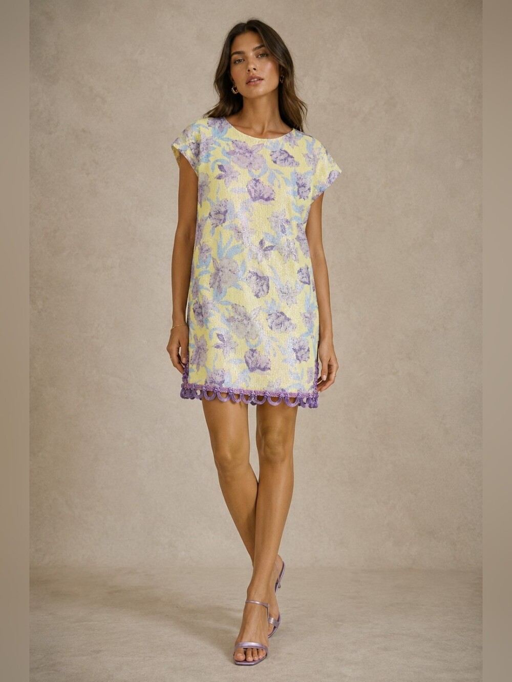 Butter Yellow Sequin Floral Shift Dress | Reworked Vintage Lavender Trim Mini